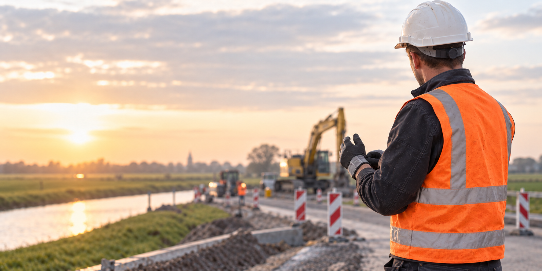 Werker met helm en hi-vis kleding bij Nederlandse wegwerkzaamheden